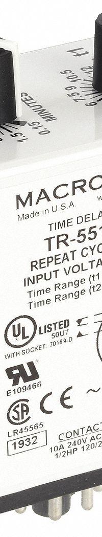 MACROMATIC Single Function Time Delay Relay: Socket Mounted, 240V AC, 10 A, 8 Pins/Terminals (MPN TR-55121-14). Key specifications — Brand: MACROMATIC.