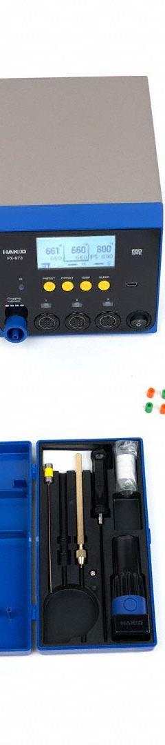 HAKKO Rework Solder/Desolder Station: 3 Channel, 400 W, ESD Safe (MPN FX973-010). Key specifications — Handpiece Style: Desoldering Gun; Manufacturer Part Number: FX973-010; ESD Safe: Yes; Brand: HAKKO.