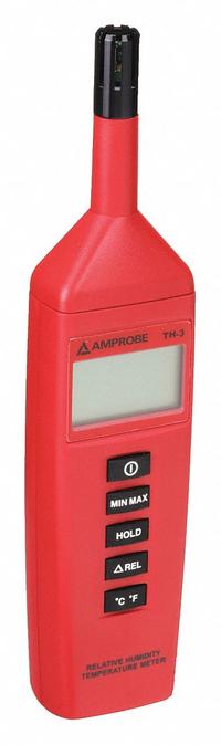 AMPROBE Temperature Humidity Meter: Onboard, Ambient Temp/Relative Humidity, -4°F to 140°F (MPN TH-3). Key specifications — attr1107597: AMPROBE; attr1134764: Not Included.