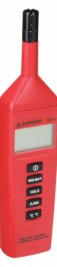 AMPROBE Temperature Humidity Meter: Onboard, Ambient Temp/Relative Humidity, -4°F to 140°F (MPN TH-3). Key specifications — attr1107597: AMPROBE; attr1134764: Not Included.