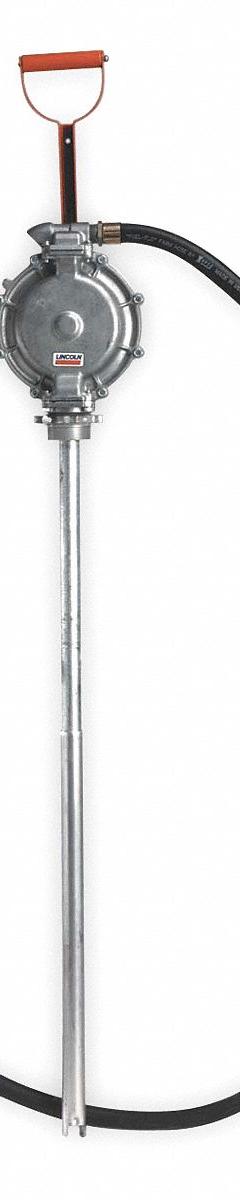 LINCOLN Hand Pump: Lever Action, Pump with Hose, Nozzle & Spout, Cast Iron Housing, Norprene (MPN 1326). Key specifications — Brand: LINCOLN; Housing Material: Cast Iron; Maximum Flow Rate: 10.67 oz per stroke; Suction Tube Material: Steel; Seal Material: Norprene.