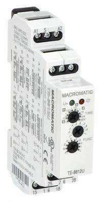 MACROMATIC Multi-Function Time Delay Relay: DIN-Rail Mounted, 12 to 240V AC/DC, 15 A (MPN TE-8812U). Key specifications — Delay Function: Multi Function; Input Voltage: 12 to 240V AC/DC; Brand: MACROMATIC.