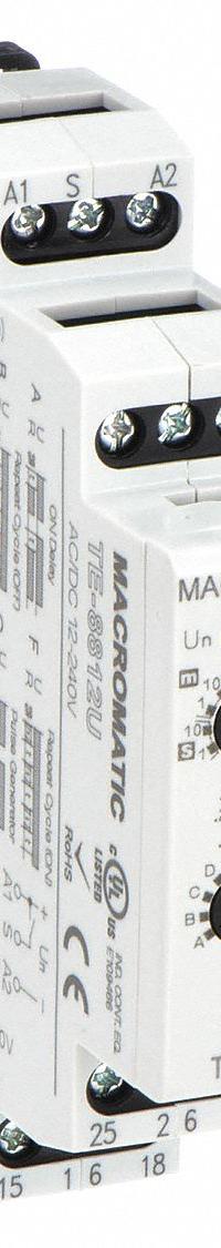MACROMATIC Multi-Function Time Delay Relay: DIN-Rail Mounted, 12 to 240V AC/DC, 15 A (MPN TE-8812U). Key specifications — Delay Function: Multi Function; Input Voltage: 12 to 240V AC/DC; Brand: MACROMATIC.