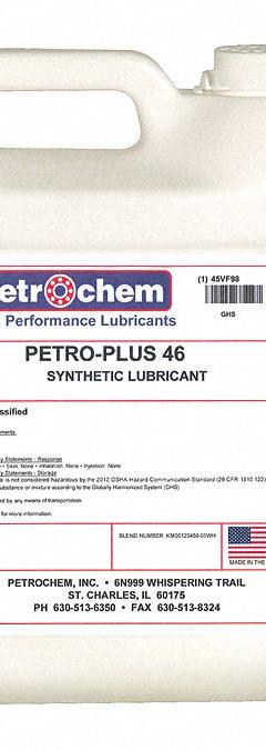PETROCHEM Compressor Oil: 1 gal, Jug, 15 SAE Grade, 46 ISO Viscosity Grade, 126 Viscosity Index (MPN PETRO-PLUS 46-001). Key specifications — attr59744: 126; attr59746: 46; attr59736: No; attr59735: Jug; attr59738: Petro-Plus 46; attr59749: 15.