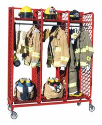 GROVES Turnout Gear Storage Rack: Mobile, 2 Sides, 6 Compartments, Steel, Red, 76 in Lg (MPN RMDS-6/24). Key specifications — Material: Steel; Brand: GROVES; Color: Red.