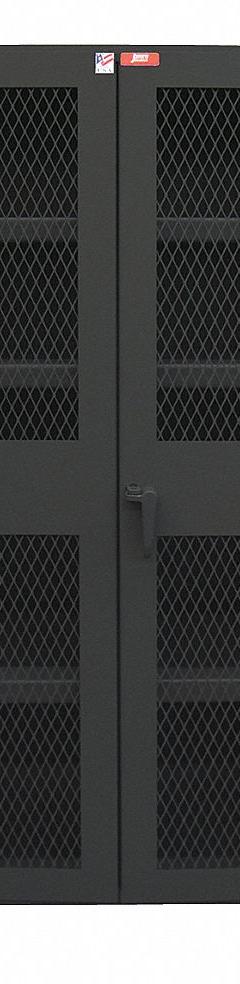 JAMCO Storage Cabinet: 60 in x 24 in x 78 in, 4 Adj Shelves, Swing Handle & Padlock Hasp, Legs (MPN DM260BL). Key specifications — Brand: JAMCO; Body Panel Type: Ventilated; Base Type: Legs; Cabinet Color: Black; Frame Assembled: Assembled.