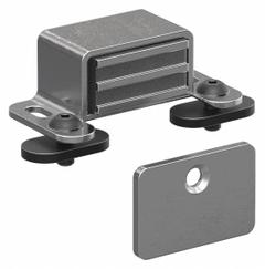 Magnetic Catch: 2 1/16 in x 1 in x 3/32 in, 10 Series/15 Series, Silver, Zinc-Plated, Steel (MPN 2090). Key specifications — Brand: 80/20; Material: Steel; Mounting Type: Slide-In; Product Type: Magnetic Catch; Finish: Zinc-Plated; Includes Fasteners: Yes; System of Measurement: Inch; For Extrusion Profile Type: Single.