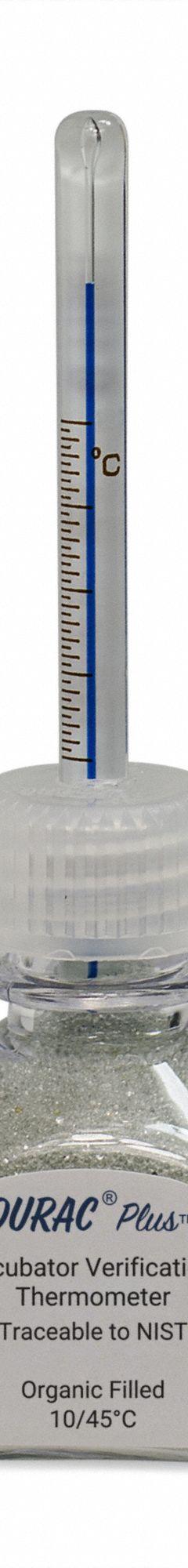 DURAC PLUS Bottle Thermometer: 10°C to 45°C, +/-0.5°C, 30 mL Bottle Volume, Glass Beads (MPN B60600-0900). Key specifications — Bottle Fill Medium: Glass Beads; Temperature Units: Celsius; Accuracy: +/-0.5°C; Brand: DURAC PLUS.