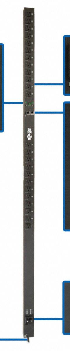 EATON TRIPP LITE PDU: Single-Phase, 120V AC, 24 Outlets, 5-15/20R, Metered, Remote-Monitored, 0 RU (MPN PDUNVR30LX). Key specifications — Plug Type: NEMA L5-30P; Brand: EATON TRIPP LITE; Phase: Single-Phase; Maximum Input Voltage: 120V AC; Receptacle Type: 5-15/20R; Facing: Front or Rear Installation.