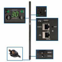 EATON TRIPP LITE PDU: Single-Phase, 120V AC, 24 Outlets, 5-15/20R, Metered, Remote-Monitored, 0 RU (MPN PDUNVR30LX). Key specifications — Plug Type: NEMA L5-30P; Brand: EATON TRIPP LITE; Phase: Single-Phase; Maximum Input Voltage: 120V AC; Receptacle Type: 5-15/20R; Facing: Front or Rear Installation.