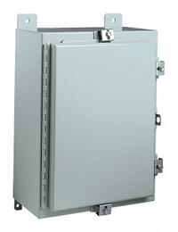 WIEGMANN Enclosure: Steel, 24 in x 30 in x 8 in, NEMA 12/13/4, Solid Cover, Hinged (MPN N4243008). Key specifications — Closure Method: Clamps; Brand: WIEGMANN; Knockouts: Not Included.