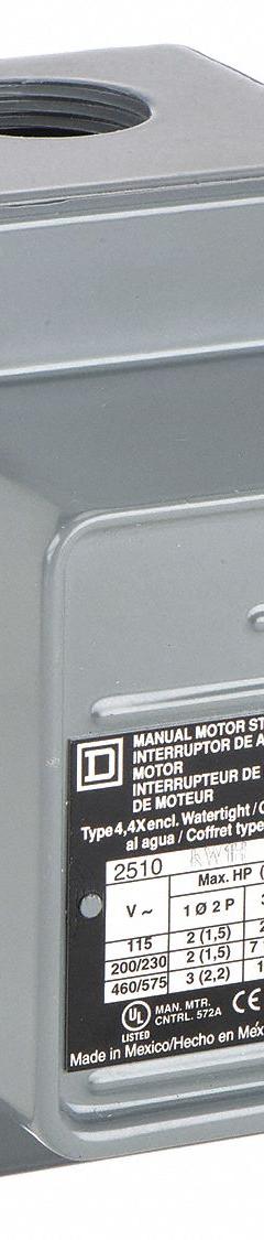 SQUARE D Manual Motor Switch: 2 Poles, 30 A, 4 NEMA Rating, Painted Steel Enclosure (MPN 2510KW1H). Key specifications — Brand: SQUARE D; Maximum Voltage Rating: 600V AC; Mounting Style: Surface; Pilot Light: Not Included; Enclosure Material: Painted Steel.