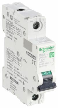 SCHNEIDER IEC Supplementary Protector: 50 A Amps, 250V DC, 5kA at 250V DC, Screw Clamp, C60H-DC, C (MPN M9U21150). Key specifications — Brand: SCHNEIDER; Terminal Connection: Screw Clamp; DC Voltage Rating: 250V DC; Max. AIR Rating: 5kA at 250V DC; Series: C60H-DC; AC Voltage Rating: Not Rated; Curve Type: C.