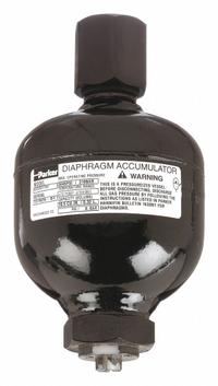 PARKER Diaphragm Accumulator: 20 cu in Fluid Volume, 20 cu in, 26 gpm Max. Flow, Hydrin (MPN AD032B21T9A1). Key specifications — attr98880: PARKER; attr95429: SAE #8; attr95431: Hydrin.