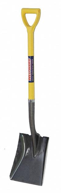 WESTWARD Square Point Shovel: Steel Blade, 14 ga, D-Grip Handle Type, Fiberglass Handle (MPN 12V171). Key specifications — Blade Color: Black; Handle Color: Yellow; Blade Material: Steel.