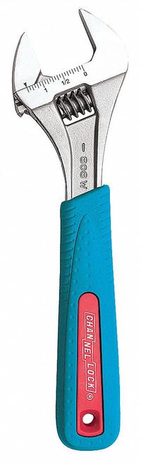 CHANNELLOCK Adjustable Wrench: Alloy Steel, Chrome, 8 in Overall Lg, 1 3/16 in Jaw Capacity (MPN 808WCB). Key specifications — attr309359: Chrome; attr324924: CHANNELLOCK; attr309358: Alloy Steel.