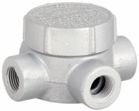 Conduit Outlet Body: Iron, GRJ, 1/2 in Trade Size, X Body, 7.3 cu in Body Capacity (MPN GRJX50). Key specifications — Series: For Round Body; Compatible Conduit Trade Size: 1/2 in; Thread Gender: Female; Hub Style: Threaded; Cover Included: Yes; Body Style: X; Connection Type: Threaded; Back Type: Round.