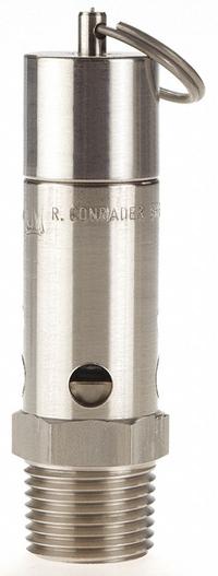 CONRADER Safety Valve: Hard Seat, 1/2 in (M)NPT Inlet (In.), 75 psi Preset Setting (PSI) (MPN SRH375-1/2-SS-075). Key specifications — attr291993: Hard Seat; attr291998: Stainless Steel; attr292007: Stainless Steel; attr292009: Stainless Steel; attr294753: CONRADER.