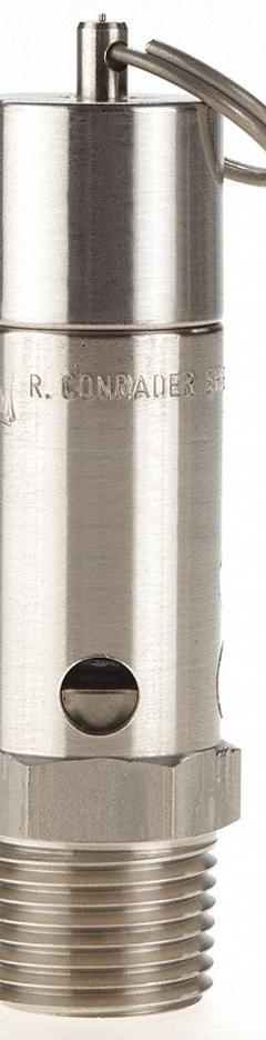 CONRADER Safety Valve: Hard Seat, 1/2 in (M)NPT Inlet (In.), 75 psi Preset Setting (PSI) (MPN SRH375-1/2-SS-075). Key specifications — attr291993: Hard Seat; attr291998: Stainless Steel; attr292007: Stainless Steel; attr292009: Stainless Steel; attr294753: CONRADER.