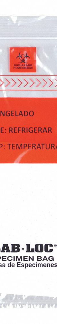 Specimen Transfer Bag: LDPE, Biohazard, 1.75 mil Thick, Clear, 9 in Overall Ht, LABZ69BA, 1,000 PK. Key specifications — Brand: LK PACKAGING; Closure Type: Zipper; Product Type: Specimen Transfer Bag; Manufacturer Part Number: LABZ69BA; Color: Clear; Display Sell UOM: PK; Legend: Biohazard.