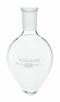 CHEMGLASS Boiling Flask: 500 mL, Colorless, Pear, A, 24/40 Compatible with Stopper Size (MPN CG-1554-06). Key specifications — Shape: Pear; Body Color: Colorless; Brand: CHEMGLASS; Compatible with Stopper Size: 24/40; USP Specification: Type I.