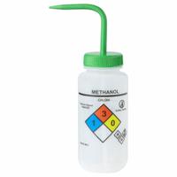 APPROVED VENDOR Wash Bottle: 500 mL, Methanol, Green, Wide, Vented Spout Spout, Colorless (MPN UN370053). Key specifications — Closure Color: Green; Vented/Nonvented: Vented; Body Color: Colorless; Brand: APPROVED VENDOR; Imprinting Group: Specific Chemicals.