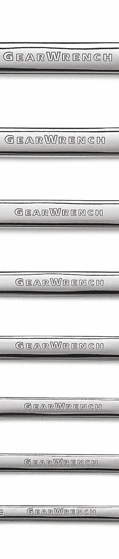GEARWRENCH Combination Ratcheting Wrench Set: Alloy Steel, Full Polish Chrome, 8 Tools, Std (MPN 85599). Key specifications — attr309581: Full Polish Chrome; attr309580: Alloy Steel; attr309571: No; attr309583: No; attr309587: Yes; attr324931: GEARWRENCH.