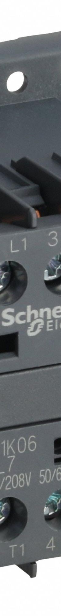 SCHNEIDER Miniature IEC Magnetic Contactor: Non-Reversing, 3 Poles, 3NO Contacts, 6 A, 208V AC Coil (MPN LC1K0610L7). Key specifications — attr945107: SCHNEIDER; attr972381: No.