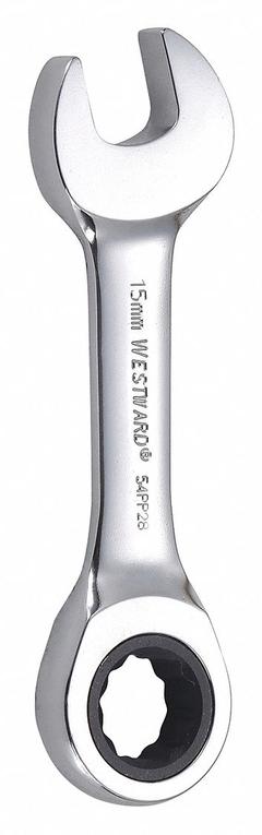 WESTWARD Combination Wrench: Alloy Steel, Chrome, 15 mm Head Size, 4 5/8 in Overall Lg, Std, Rounded (MPN 54PP28). Key specifications — attr309600: 15 mm; attr309611: Chrome; attr309610: Alloy Steel; attr309604: No; attr309612: No; attr309613: No; attr309615: No; attr324932: WESTWARD.