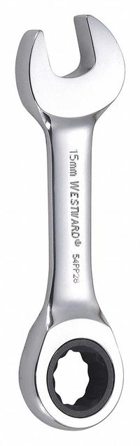 WESTWARD Combination Wrench: Alloy Steel, Chrome, 15 mm Head Size, 4 5/8 in Overall Lg, Std, Rounded (MPN 54PP28). Key specifications — attr309600: 15 mm; attr309611: Chrome; attr309610: Alloy Steel; attr309604: No; attr309612: No; attr309613: No; attr309615: No; attr324932: WESTWARD.