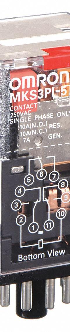 OMRON General Purpose Relay: Socket Mounted, 10 A Current Rating, 120V AC, 3PDT, 11 Pins/Terminals (MPN MKS3PI5AC120). Key specifications — Brand: OMRON; Base Type: Octal; Mounting Style: Plug-In; Pin Shape: Round; Electrical Connection: Plug-In; Manufacturer Part Number: MKS3PI5AC120; Operating Current: 10 A at 250V AC (Resistive Load); Series: MK-S Series.