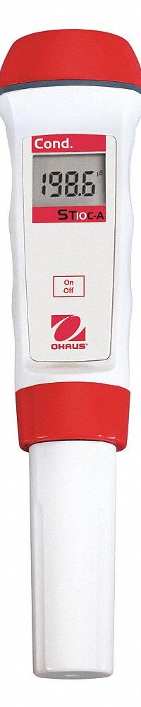 OHAUS Conductivity Meter: Conductivity, ±2.5% FS, 199.9 uS/cm, 0 uS/cm, Electrodes Sold Separately (MPN ST10C-A). Key specifications — attr1371966: ST10C-A; attr1371968: OHAUS; attr1390824: Conductivity; attr1371998: Conductivity; attr1390827: Reagents Sold Separately; attr1371997: Conductivity Meter; attr1371975: ±2.5% FS; attr1371982: Digital.