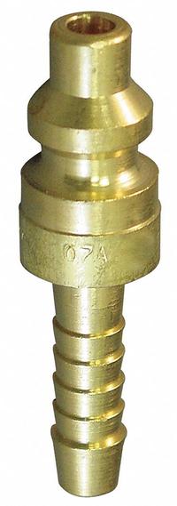 HANSEN Quick Coupler Plug: Hose Barb, 5/16" (MPN 08A). Key specifications — Manufacturer Part Number: 08A; Hose Connection Gender: Male; Hose Connection Size: 5/16 in; Hose Connection Type: Hose Barb; Locking Type: Sleeve; Brand: HANSEN; Color Code: Green.