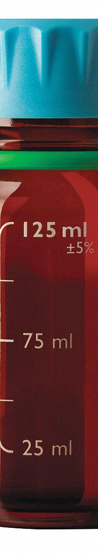 DURAN Media Bottle: 125 mL, Screw-On, GL45, 124 mm, Amber, Closure Included, Wide Mouth Size (MPN 218862859). Key specifications — Closure Type: Screw-On; Mouth Size: Wide; Screw Closure Size: GL45; Brand: DURAN; Body Color: Amber.