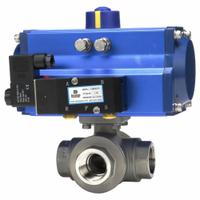 DYNAQUIP CONTROLS Pneumatically Actuated Three-Way Ball Valve: 3/4 in, Stainless Steel, L Flow (MPN PYSA4AJSR07510A). Key specifications — Brand: DYNAQUIP CONTROLS; Included Pilot Solenoid: 115V AC Pilot Solenoid; Pilot Solenoid Voltage: 115V AC.