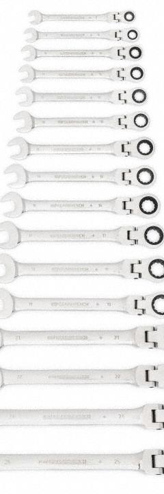 GEARWRENCH Combination Ratcheting Wrench Set: Alloy Steel, Full Polish Chrome, 16 Tools, Flex (MPN 9902D). Key specifications — attr309581: Full Polish Chrome; attr309580: Alloy Steel; attr309571: No; attr309583: No; attr309587: Yes; attr324931: GEARWRENCH.