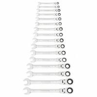 GEARWRENCH Combination Ratcheting Wrench Set: Alloy Steel, Full Polish Chrome, 16 Tools, Flex (MPN 9902D). Key specifications — attr309581: Full Polish Chrome; attr309580: Alloy Steel; attr309571: No; attr309583: No; attr309587: Yes; attr324931: GEARWRENCH.