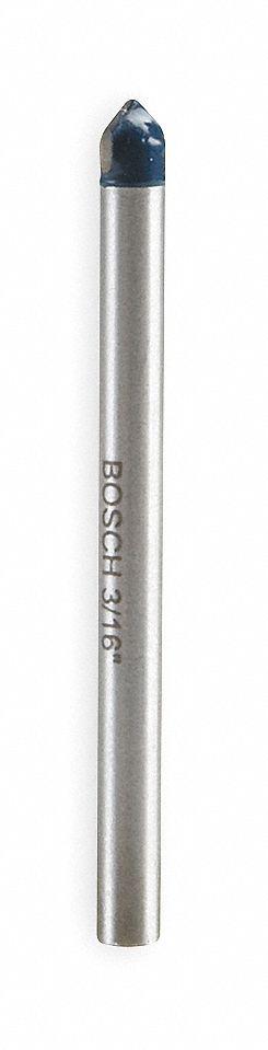 BOSCH Glass and Tile Drill Bit: 3/16 in Drill Bit Size, 2 1/2 in Max Drilling Dp - Arrow-Tip Drill Bits for Glass & Tile
