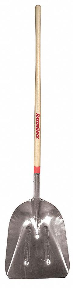 RAZOR-BACK Scoop Shovel: 2 Ribs, Aluminum, #10 Blade Size, 14 1/2 in Blade Wd, 18 in Blade Lg, Wood (MPN 53127). Key specifications — attr979006: Aluminum; attr979016: Scoop Shovel; attr987921: #10; attr979009: RAZOR-BACK; attr979010: Wood.