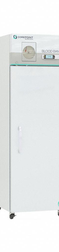 COREPOINT SCIENTIFIC Blood Bank Refrigerator: 23 cu ft, Upright, 1°C to 10°C, 36 3/8 in Overall Dp (MPN NSBR231WSWCR-0). Key specifications — Door Opening Style: Right; Color: White; Alarm Type: Door Ajar; Manufacturer Part Number: NSBR231WSWCR-0; Brand: COREPOINT SCIENTIFIC; Product Type: Blood Bank Refrigerator; Door Type: Swing Solid; Refrigerant Type: R-600a.