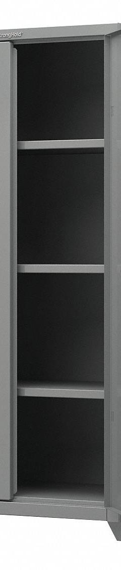 STRONG HOLD Storage Cabinet: 36 in x 24 in x 75 in, Swing Handle & Padlock Hasp, 14 ga Panel Thick (MPN 36-243-L). Key specifications — attr62698: Gray; attr62736: Welded; attr87895: Legs; attr62693: Assembled; attr62737: Stationary; attr62694: Adjustable; attr62695: Baked Enamel; attr62696: Steel.
