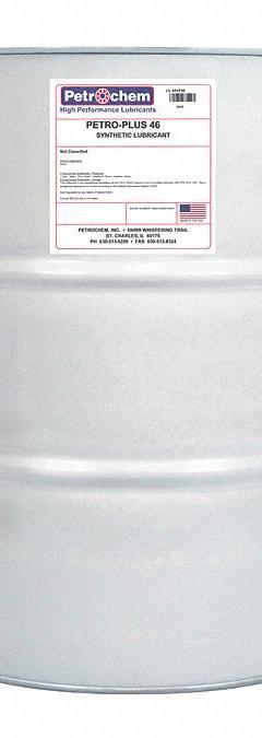 PETROCHEM Compressor Oil: 55 gal, Drum, 15 SAE Grade, 46 ISO Viscosity Grade, 126 Viscosity Index (MPN PETRO-PLUS 46-055). Key specifications — attr59744: 126; attr59746: 46; attr59736: No; attr59735: Drum; attr59738: Petro-Plus 46; attr59749: 15.