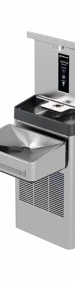 HAWS Drinking Fountain: On-Wall, 8 gph @ 50 °F, Push Bar Fountain & Touchless Bottle Filter, Silver (MPN 1211S). Key specifications — Brand: HAWS; Housing Material: Stainless Steel; Housing Finish: Satin; Chilling Capacity: 8 gph @ 50°F; Housing Color: Silver.