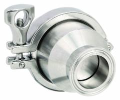 VNE Spring Check Valve: Poppet, Inline Valve Body, 1 1/2 in Pipe Size, Clamp x Clamp, Clamp, Clamp (MPN 45C-61.5-V). Key specifications — Average Surface Roughness (Ra): 20 RA ID; Brand: VNE; 3-A Compliance: Meets 3A Sanitary Standards.