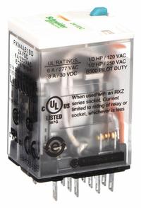 SCHNEIDER General Purpose Relay: Socket Mounted, 6 A Current Rating, 24V DC, 4PDT, 14 Pins/Terminals (MPN RXM4AB1BD). Key specifications — Brand: SCHNEIDER; Base Type: Square; Mounting Style: Plug-In; Pin Shape: Flat; Electrical Connection: Quick-Connect; Manufacturer Part Number: RXM4AB1BD; Series: Harmony™ RXM Series.