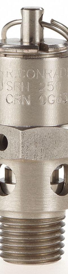 CONRADER Safety Valve: Hard Seat, 1/4 in (M)NPT Inlet (In.), 75 psi Preset Setting (PSI) (MPN SRH250-SS-075). Key specifications — attr291993: Hard Seat; attr291998: Stainless Steel; attr292007: Stainless Steel; attr292009: Stainless Steel; attr294753: CONRADER.