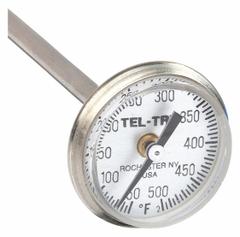 TEL-TRU Dial Pocket Thermometer: 50°F to 500°F, +/- 1% Accuracy, 5 in Stem Lg, Fahrenheit (MPN 3JPE7). Key specifications — attr1280785: Fahrenheit; attr1275298: +/- 1%; attr1275296: TEL-TRU.