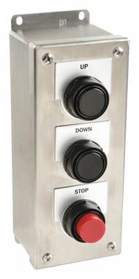 SIEMENS Control Station: (3) Flush Push Buttons, 0 Pilot Lights, 3NO/3NC, Open/Close/Stop (MPN 52C333S). Key specifications — Brand: SIEMENS; Operator Legend: Open/Close/Stop; Operator Color: Red; Operator Configuration: (3) Flush Push Buttons; Operator Configuration Type: (3) Push Buttons.