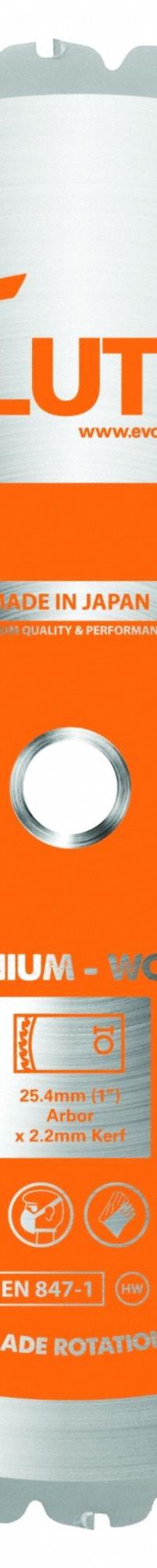 EVOLUTION Circular Saw Blade: 14 in Blade Dia., 36 Teeth, 0.09 in Cut Wd, 1 in Arbor Size, Combo (MPN RAGE355BLADE). Key specifications — attr1116119: EVOLUTION; attr1145631: Steel.