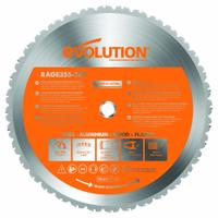 EVOLUTION Circular Saw Blade: 14 in Blade Dia., 36 Teeth, 0.09 in Cut Wd, 1 in Arbor Size, Combo (MPN RAGE355BLADE). Key specifications — attr1116119: EVOLUTION; attr1145631: Steel.